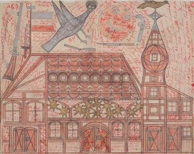 Johann Knopf, ohne Titel [Gebäude mit Gestirnen und Vögeln], vor 1910, Inv. Nr. 1484 recto © Sammlung Prinzhorn, Universitätsklinikum Heidelberg