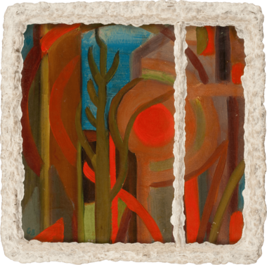 Landschaftsbild mit Baum in roten, blauen und braunen Tönen